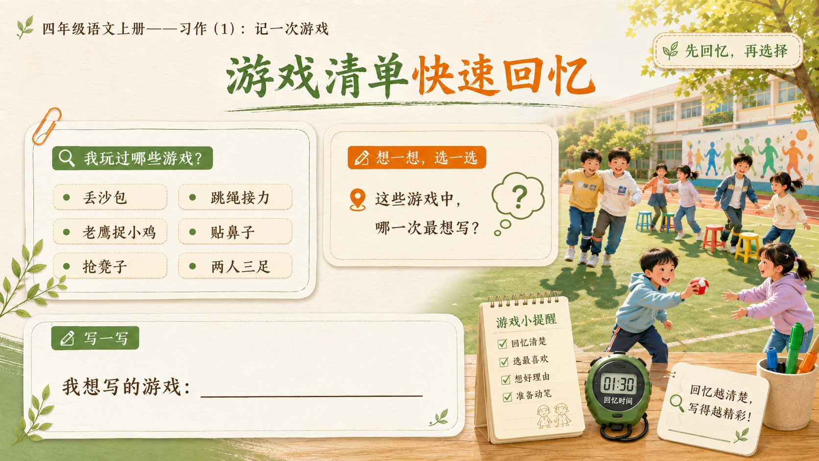 小学六年制统编教材系列课件——四年级语文上册：习作：记一次游戏（1） - 预览图5