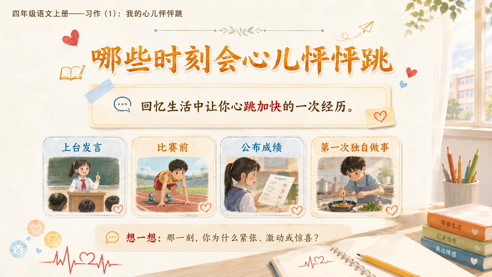 小学六年制统编教材系列课件——四年级语文上册：习作：我的心儿怦怦跳（1） - 预览图2
