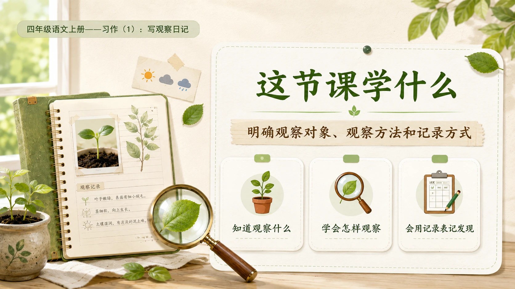 小学六年制统编教材系列课件——四年级语文上册：习作：写观察日记（1） - 预览图2
