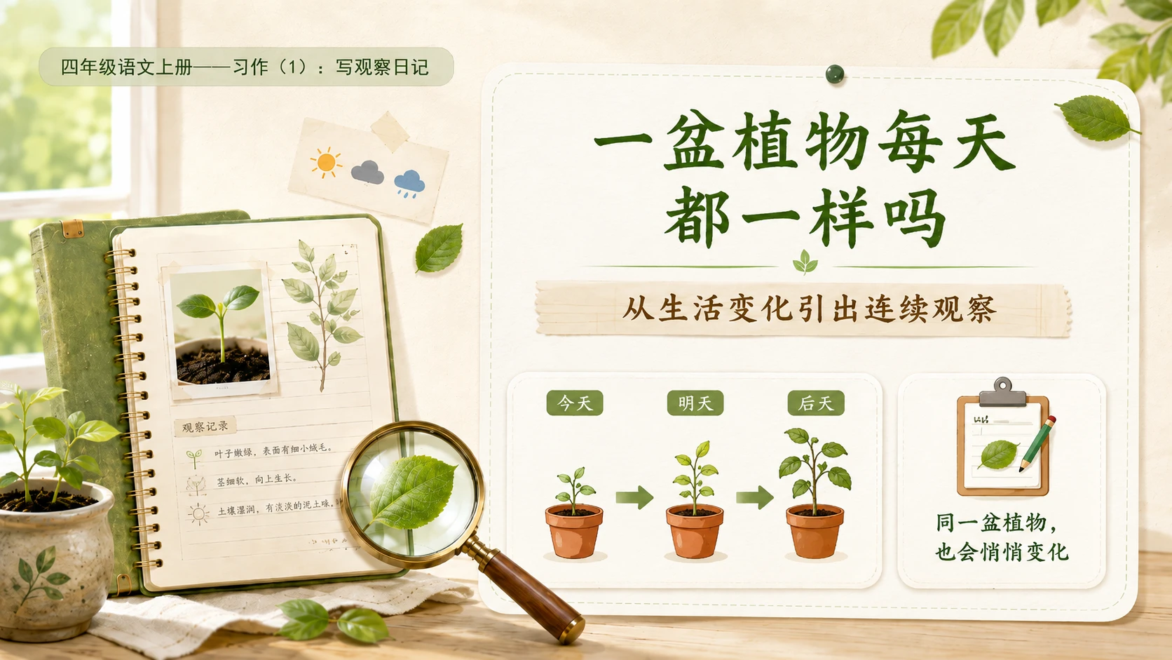 小学六年制统编教材系列课件——四年级语文上册：习作：写观察日记（1） - 预览图3