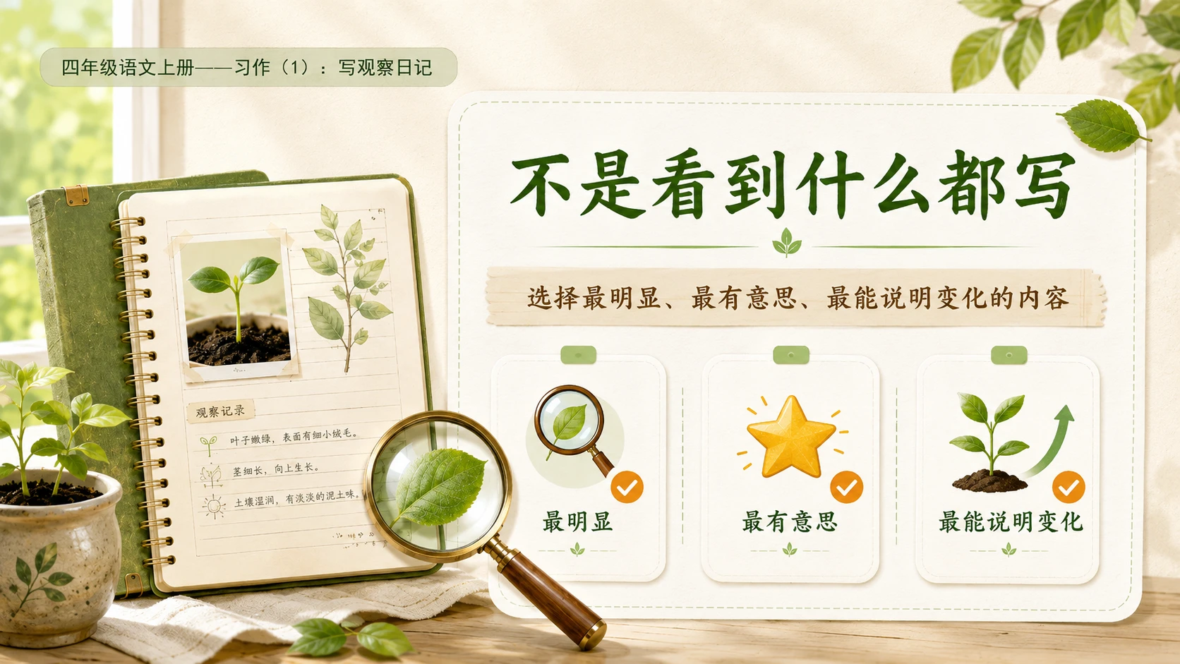 小学六年制统编教材系列课件——四年级语文上册：习作：写观察日记（1） - 预览图8