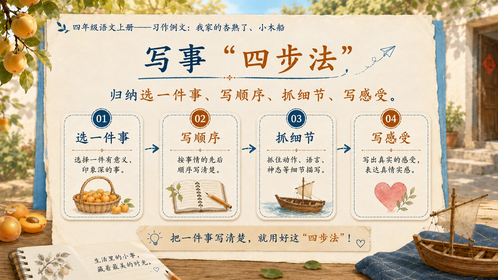 小学六年制统编教材系列课件——四年级语文上册：习作例文：我家的杏熟了、小木船 - 预览图11