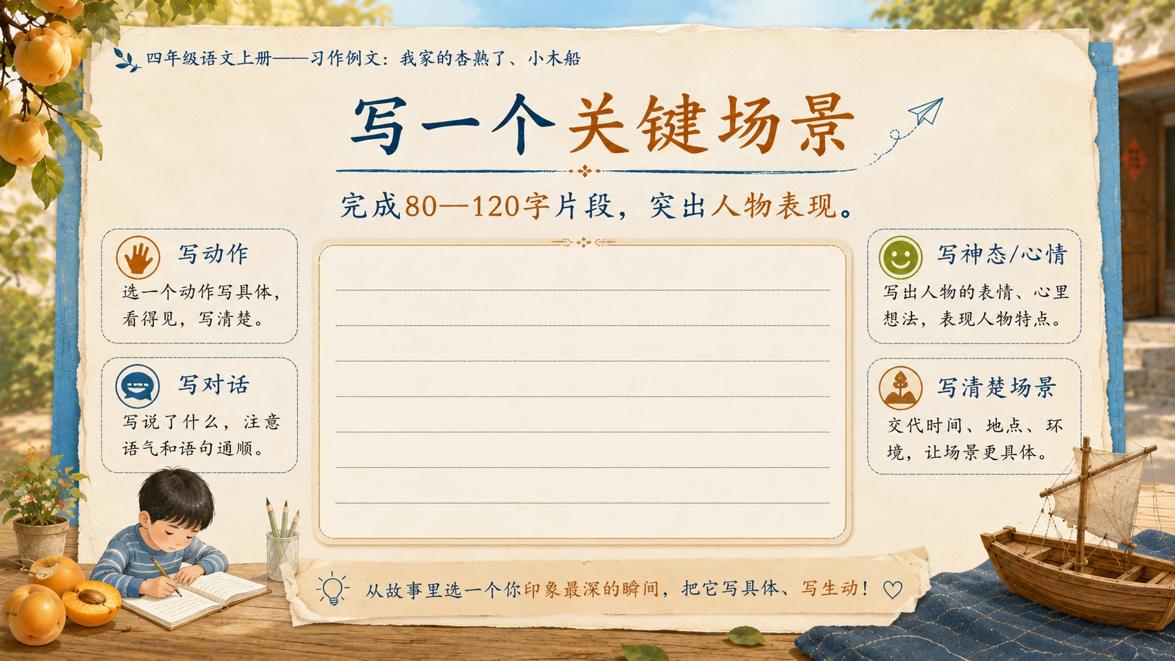 小学六年制统编教材系列课件——四年级语文上册：习作例文：我家的杏熟了、小木船 - 预览图14