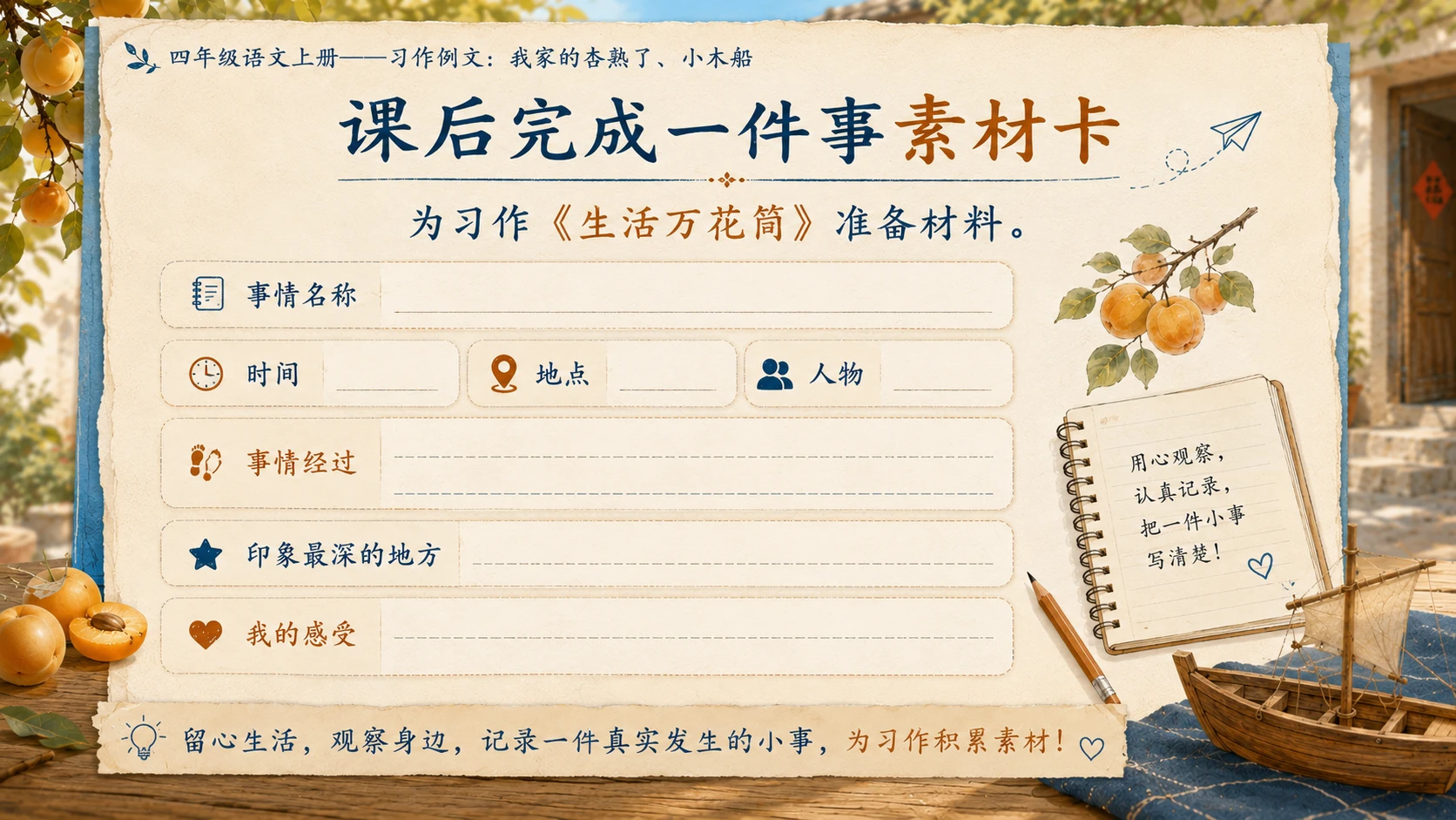 小学六年制统编教材系列课件——四年级语文上册：习作例文：我家的杏熟了、小木船 - 预览图17
