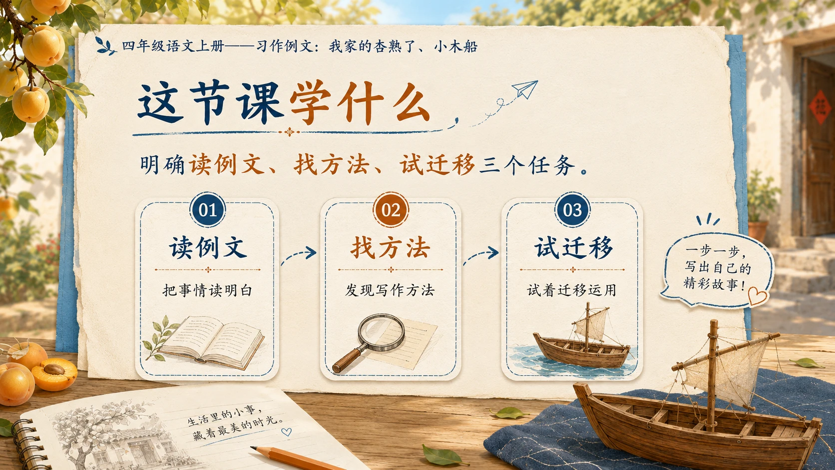 小学六年制统编教材系列课件——四年级语文上册：习作例文：我家的杏熟了、小木船 - 预览图2