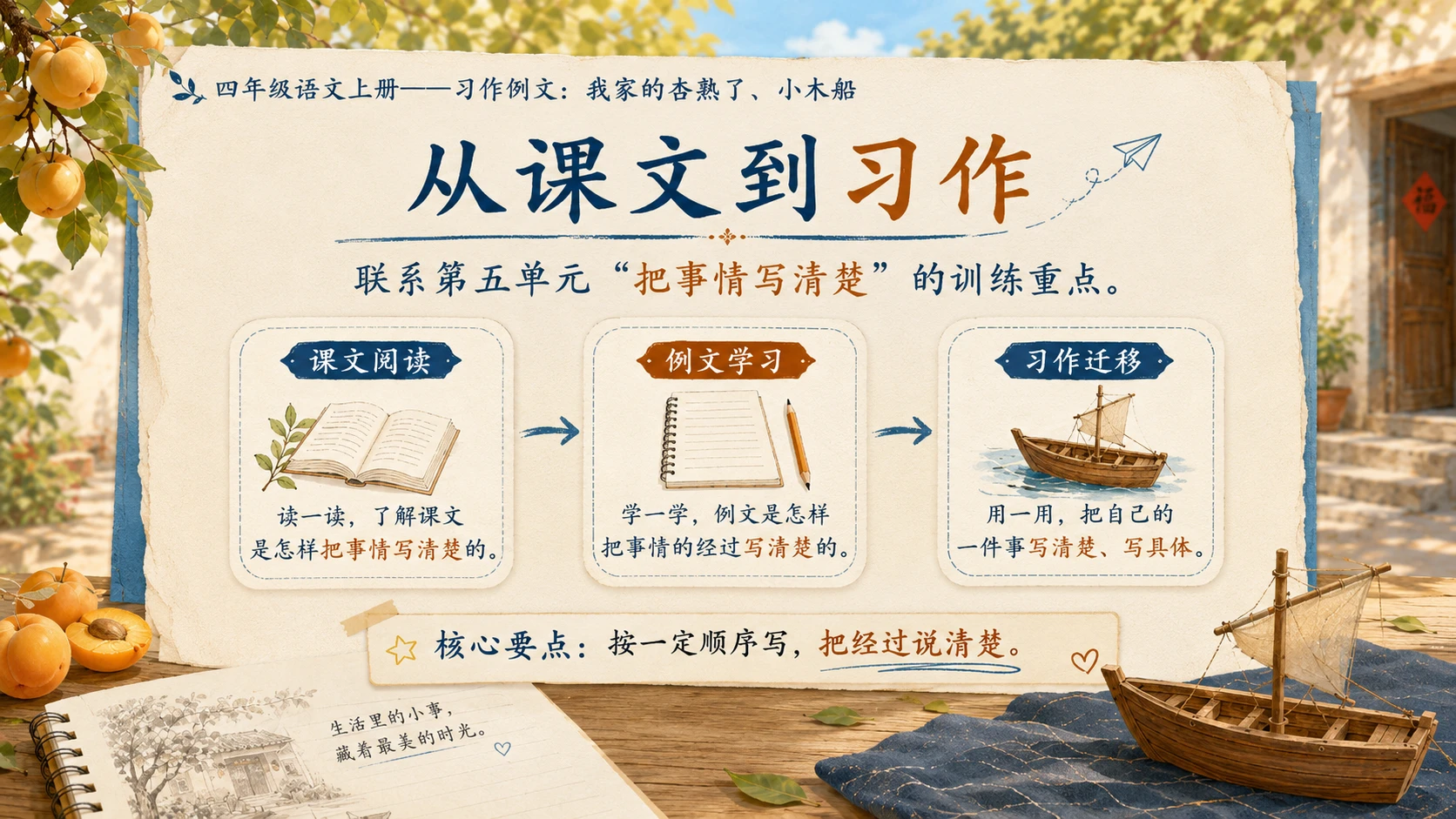 小学六年制统编教材系列课件——四年级语文上册：习作例文：我家的杏熟了、小木船 - 预览图3