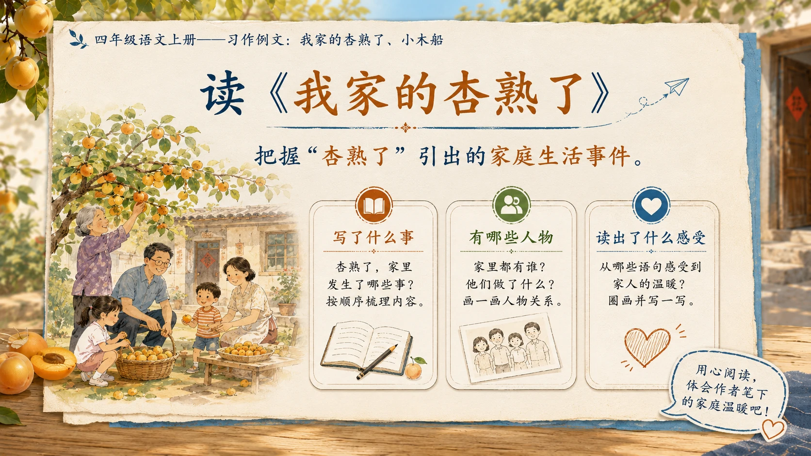 小学六年制统编教材系列课件——四年级语文上册：习作例文：我家的杏熟了、小木船 - 预览图4