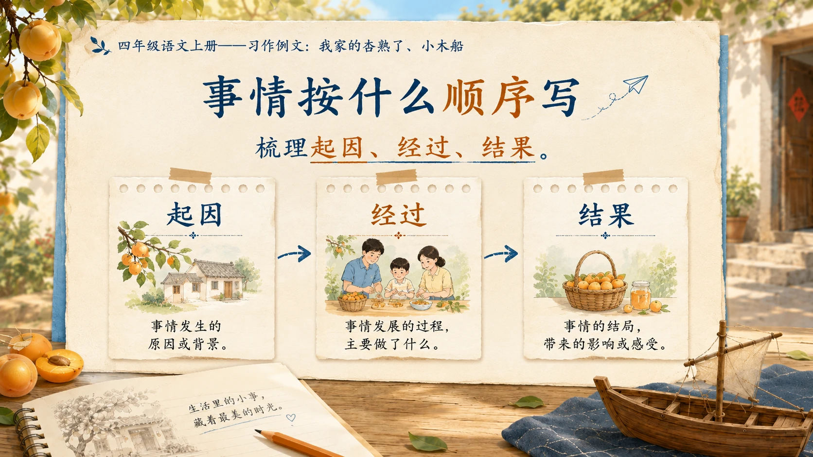 小学六年制统编教材系列课件——四年级语文上册：习作例文：我家的杏熟了、小木船 - 预览图5