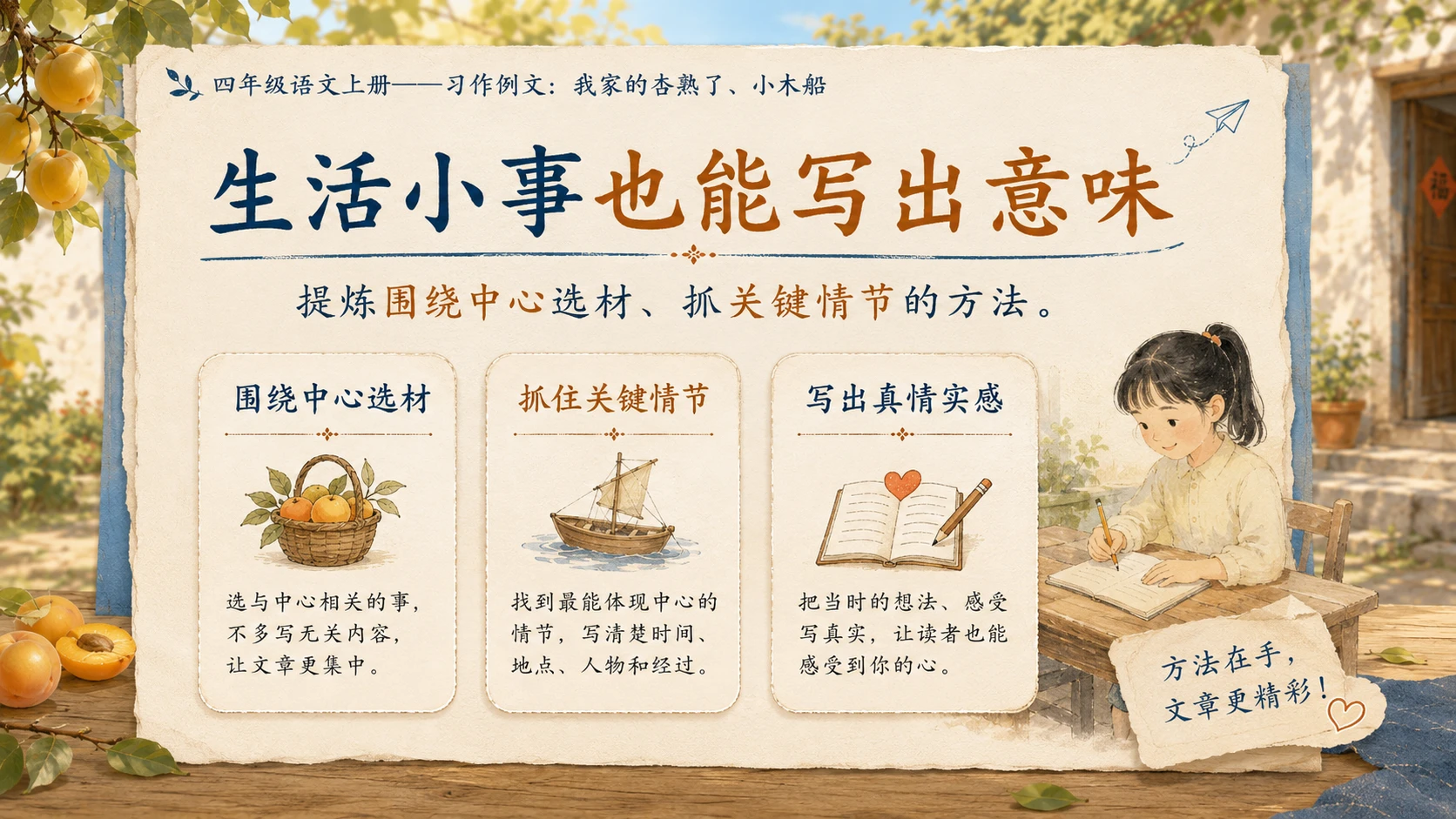 小学六年制统编教材系列课件——四年级语文上册：习作例文：我家的杏熟了、小木船 - 预览图7