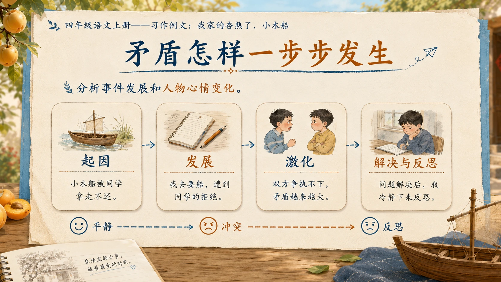 小学六年制统编教材系列课件——四年级语文上册：习作例文：我家的杏熟了、小木船 - 预览图9