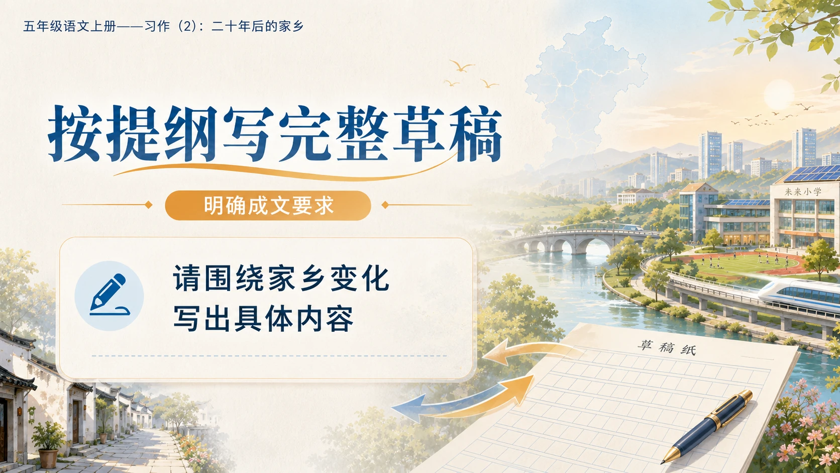 小学六年制统编教材系列课件——五年级语文上册：习作：二十年后的家乡（2） - 预览图9