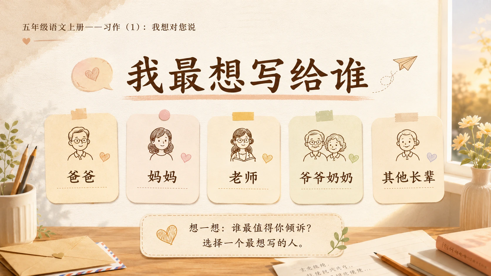小学六年制统编教材系列课件——五年级语文上册：习作：我想对您说（1） - 预览图5