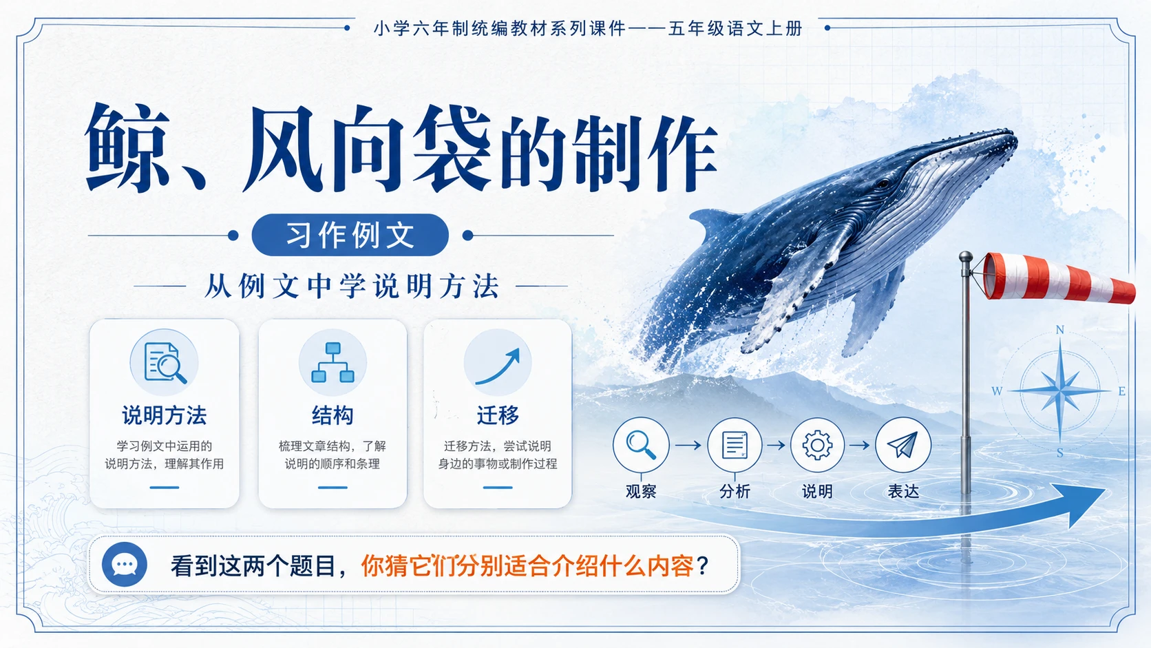 小学六年制统编教材系列课件——五年级语文上册：习作例文：鲸、风向袋的制作 - 预览图1