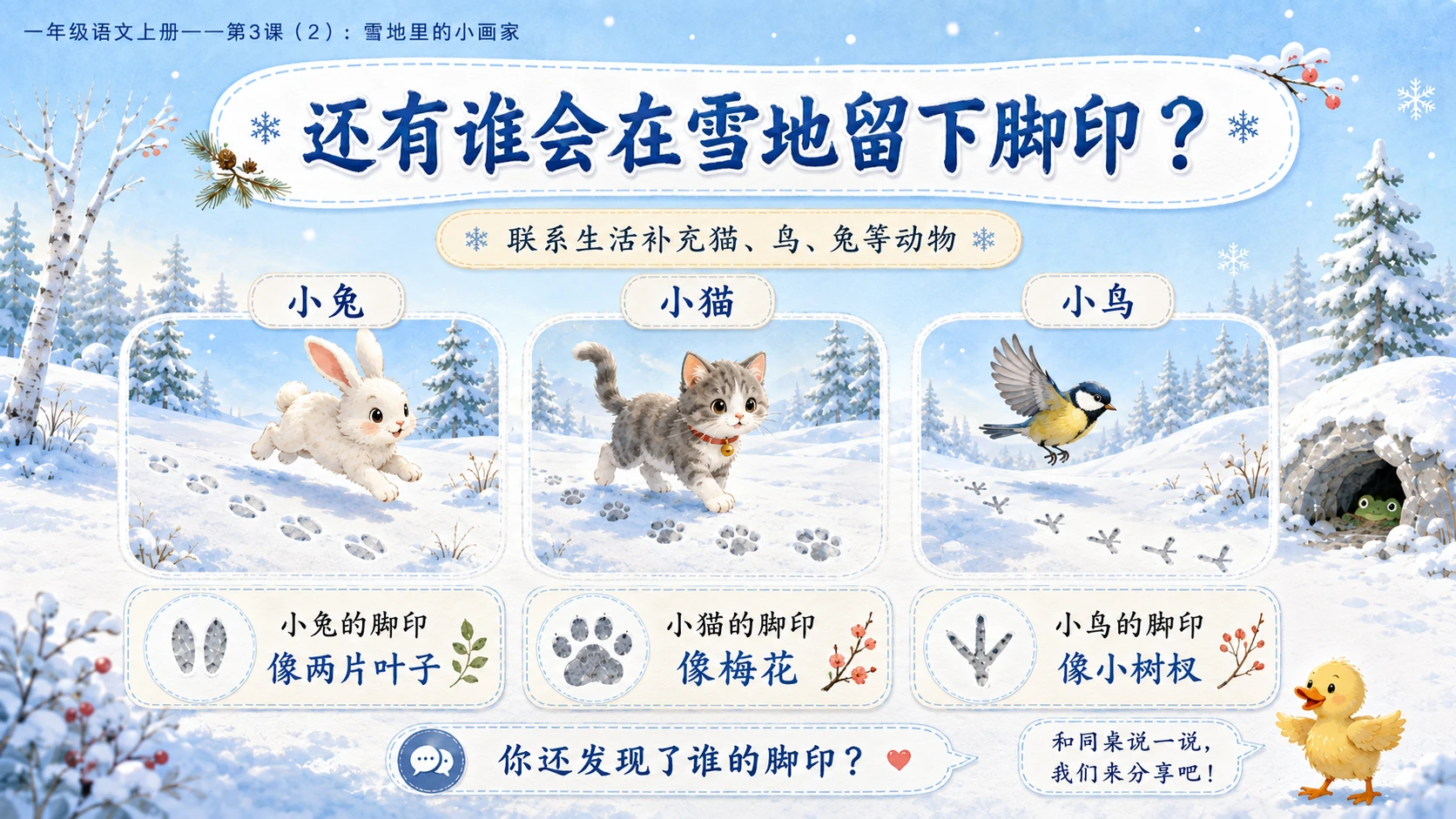 小学六年制统编教材系列课件——一年级语文上册第3课（2）：雪地里的小画家 - 预览图10