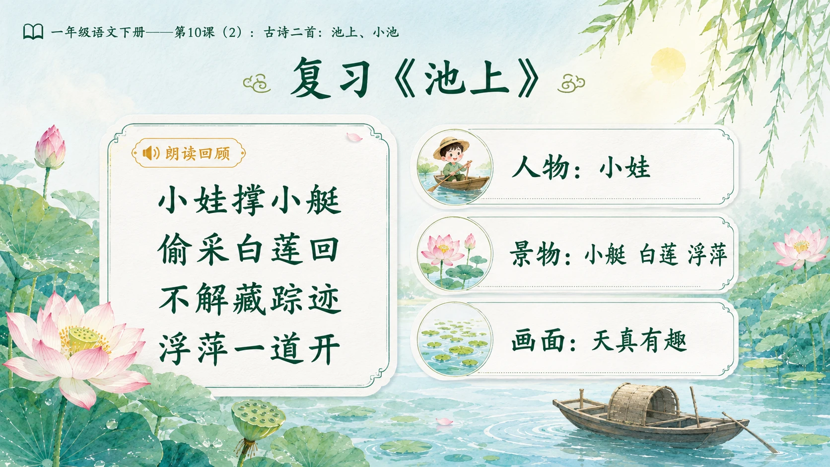 小学六年制统编教材系列课件——一年级语文下册第10课（2）：古诗二首：池上、小池 - 预览图2