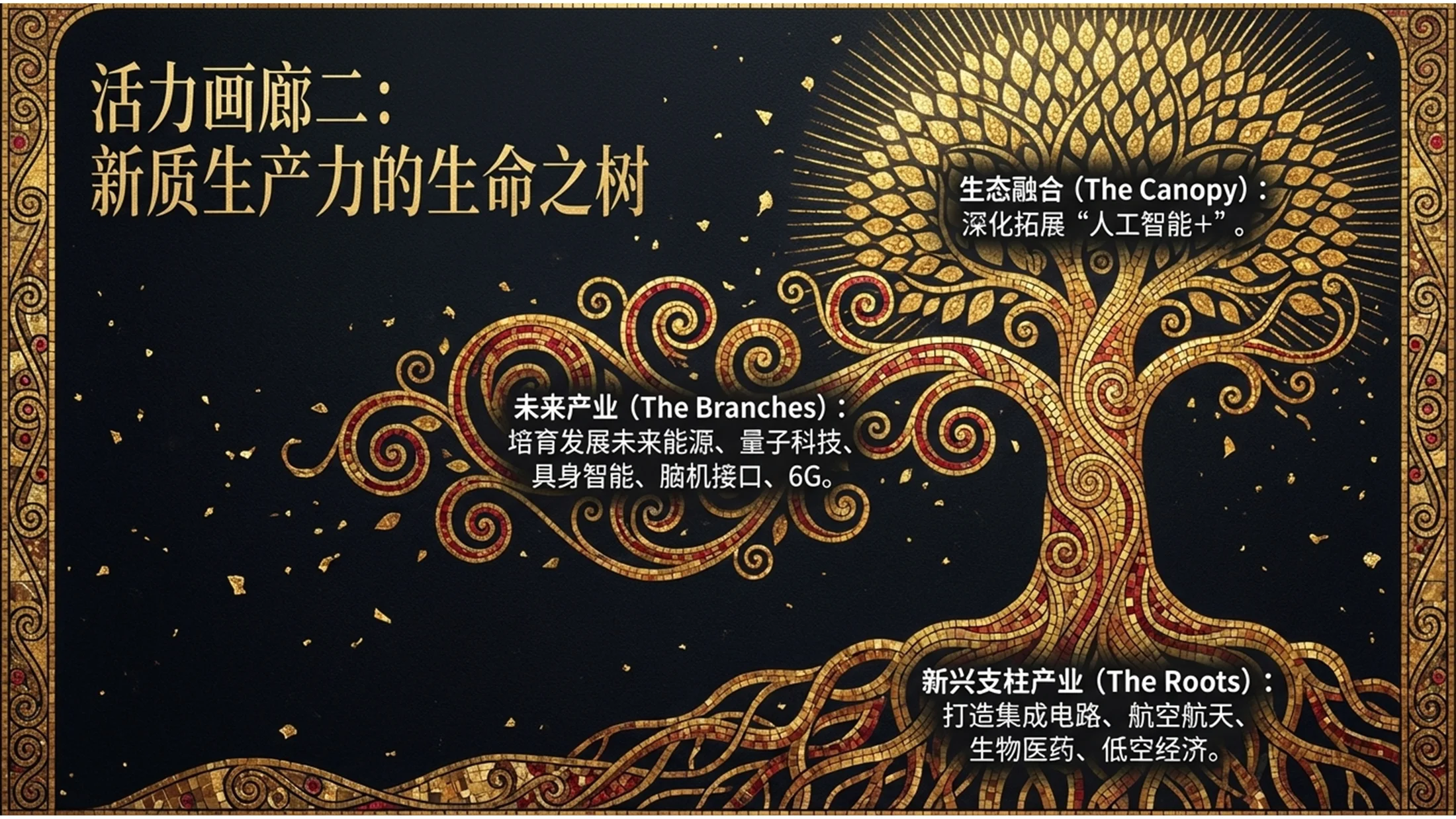 金色马赛克瓷砖克里姆特风格政府工作报告PPT - 预览图8