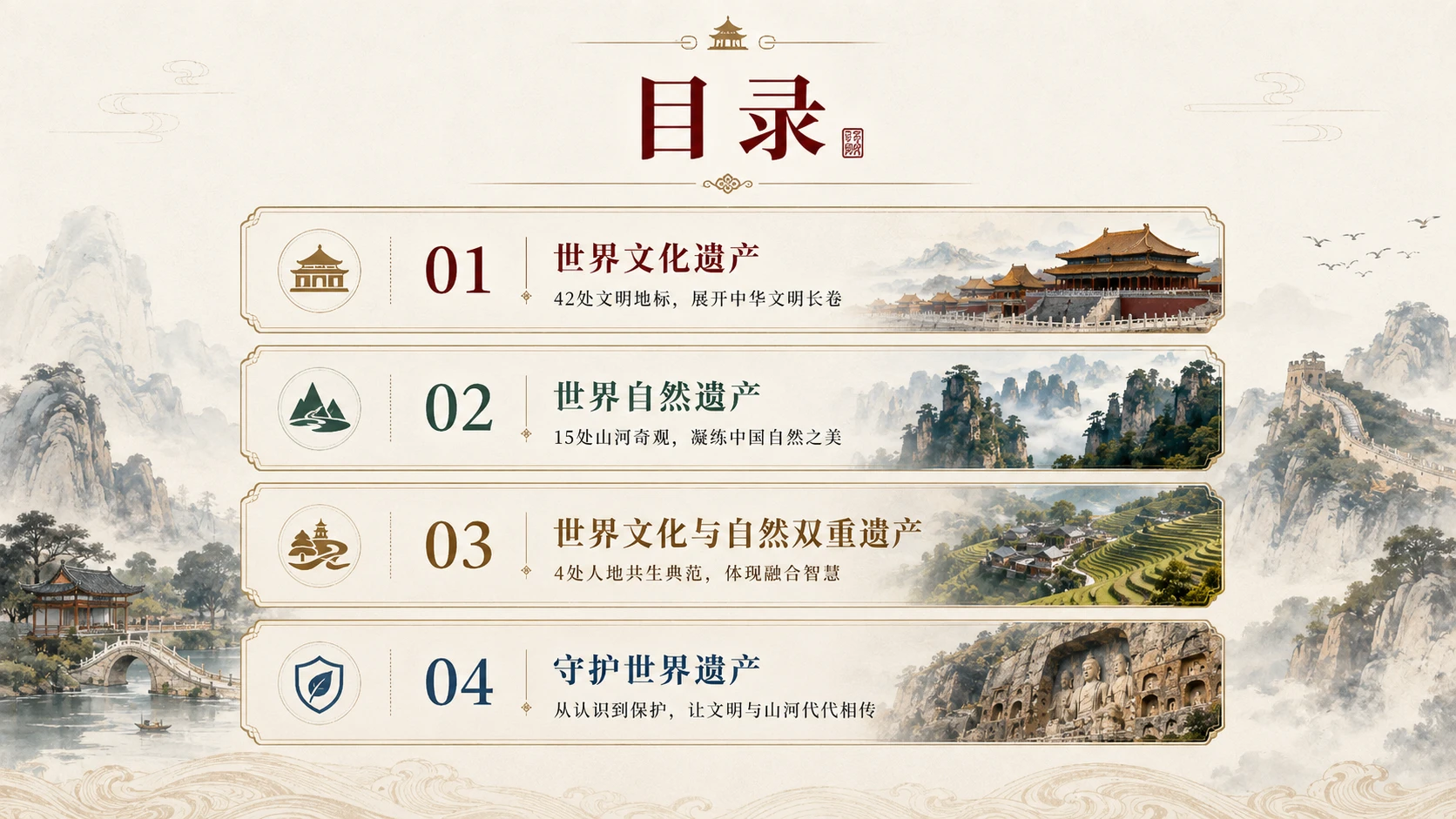 中国世界遗产“全家福”｜国家级文化展览画册风格PPT - 预览图3