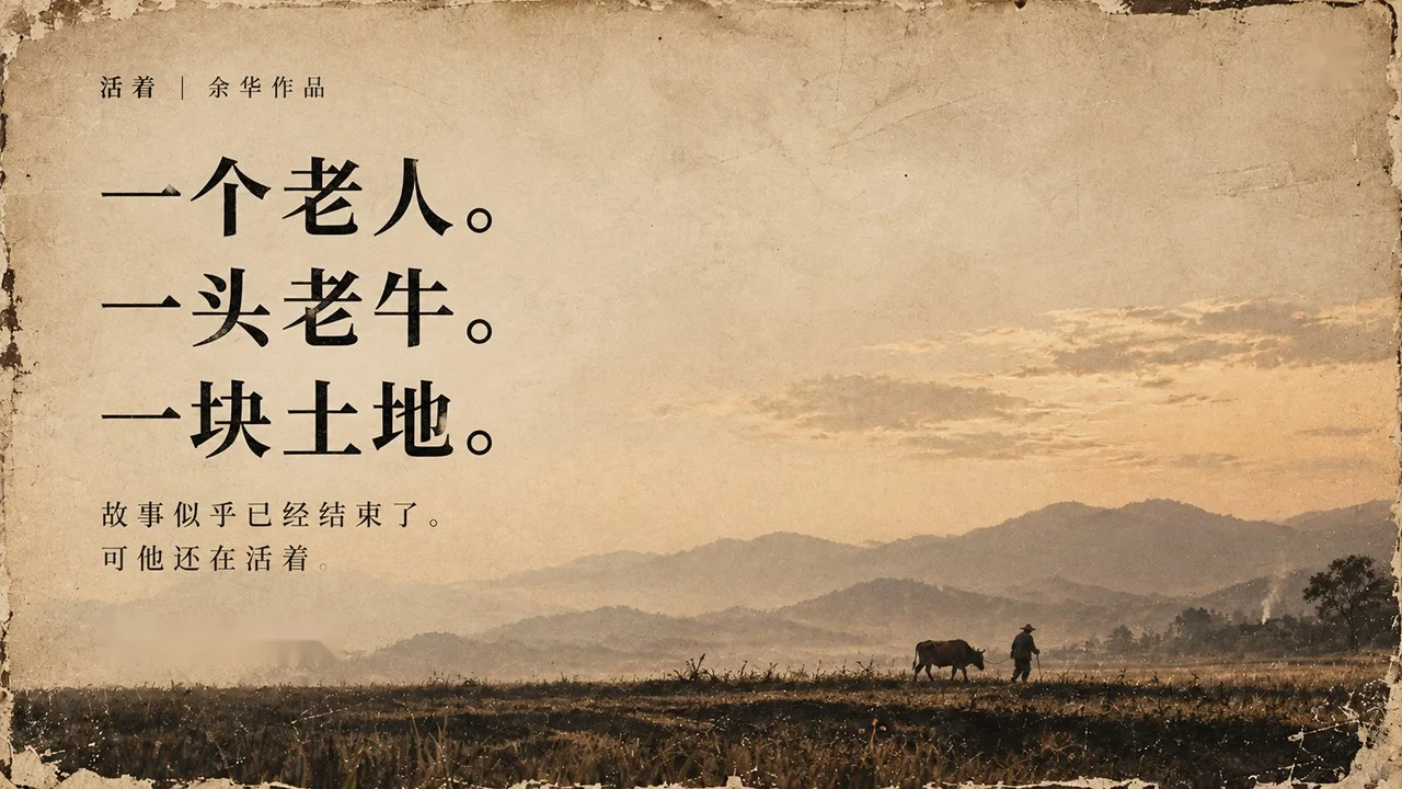 《活着》读书分享PPT 26页 旧纸土地风 - 预览图1