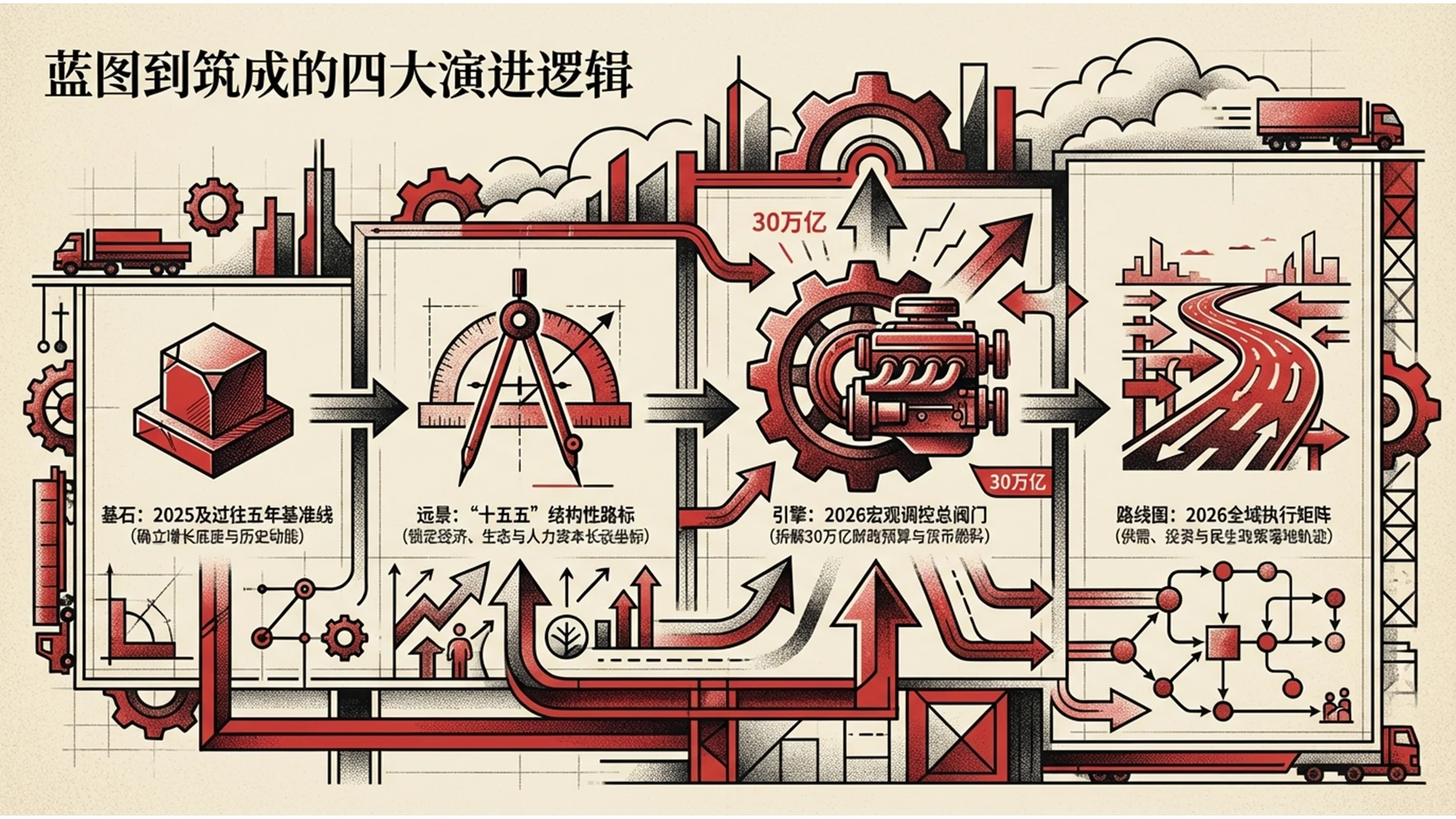 红色复古报纸商业插画政府工作报告PPT - 预览图1