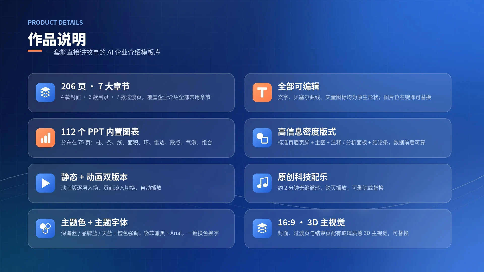 玻璃光感·AI科技企业介绍PPT模板库｜206页·高信息密度·全部可编辑·静态+动画·原创配乐 - 预览图2
