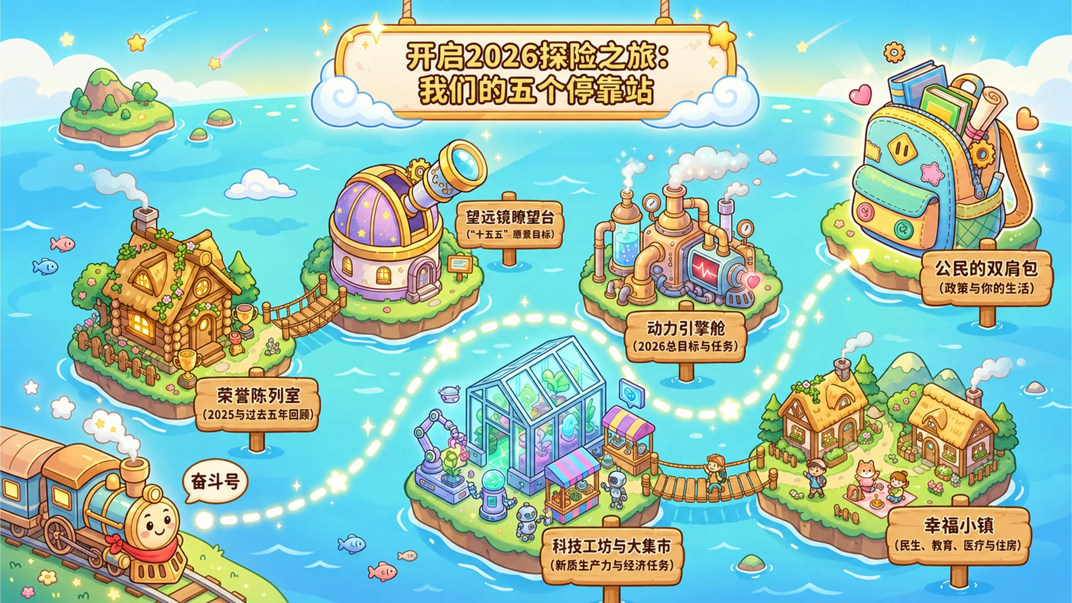 立体插画可爱卡通风格政府工作报告PPT - 预览图1