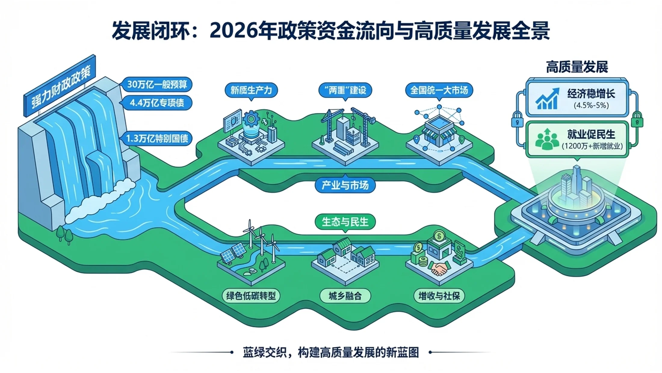 蓝绿扁平插画2.5D等距风格政府工作报告PPT - 预览图9