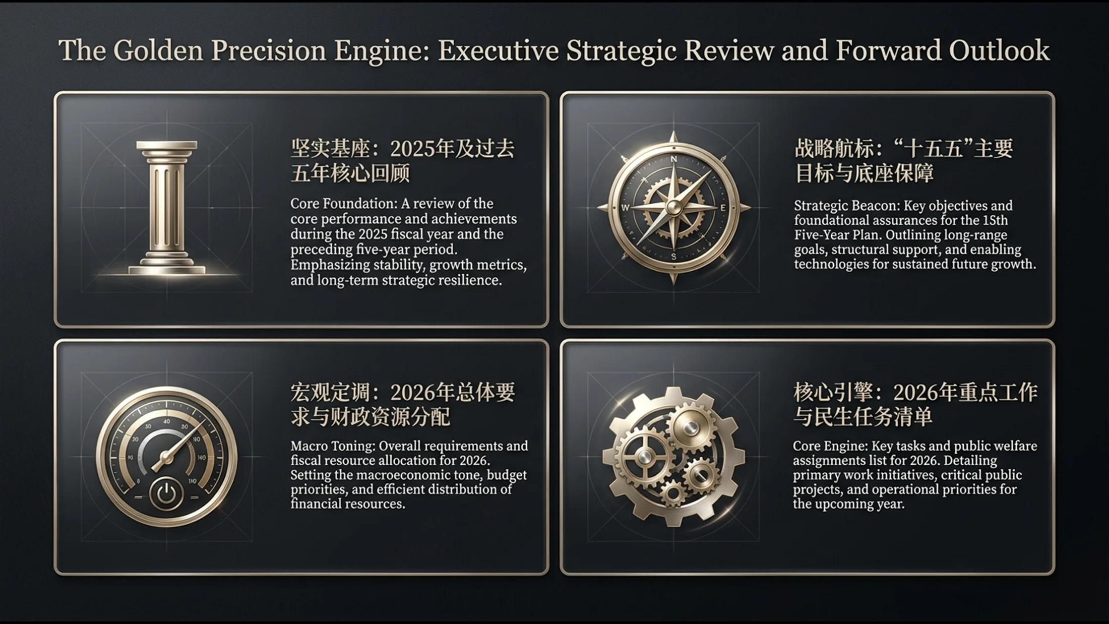 深色立体香槟金属风格政府工作报告PPT - 预览图1
