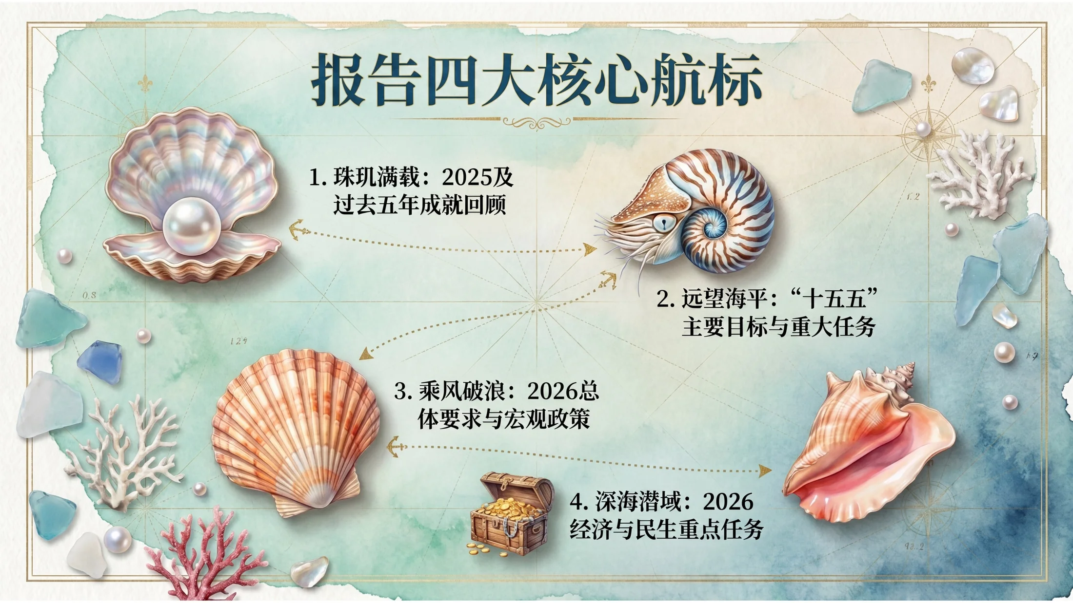 漂亮海洋贝壳拼贴风格政府工作报告PPT - 预览图1