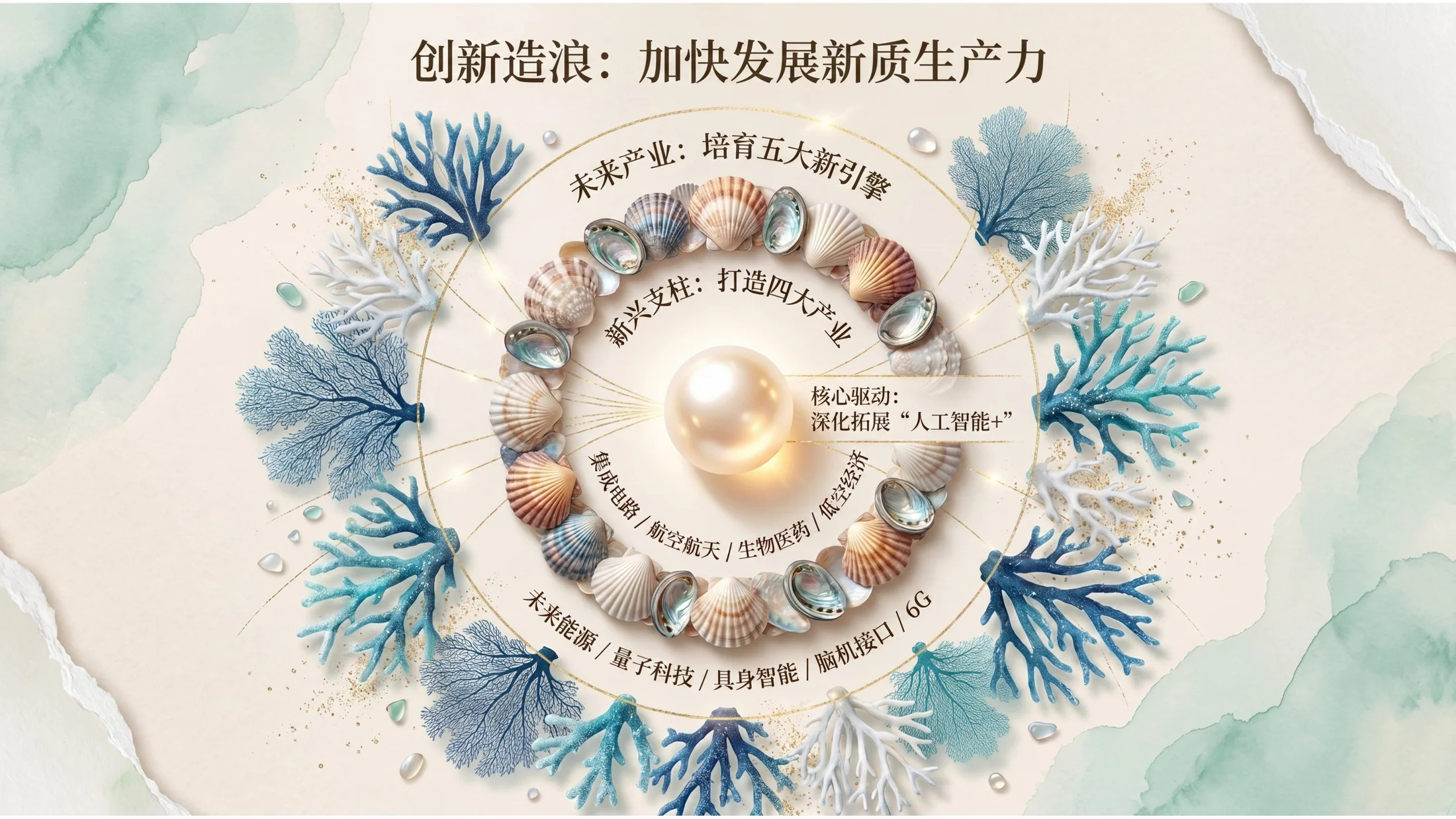 漂亮海洋贝壳拼贴风格政府工作报告PPT - 预览图6