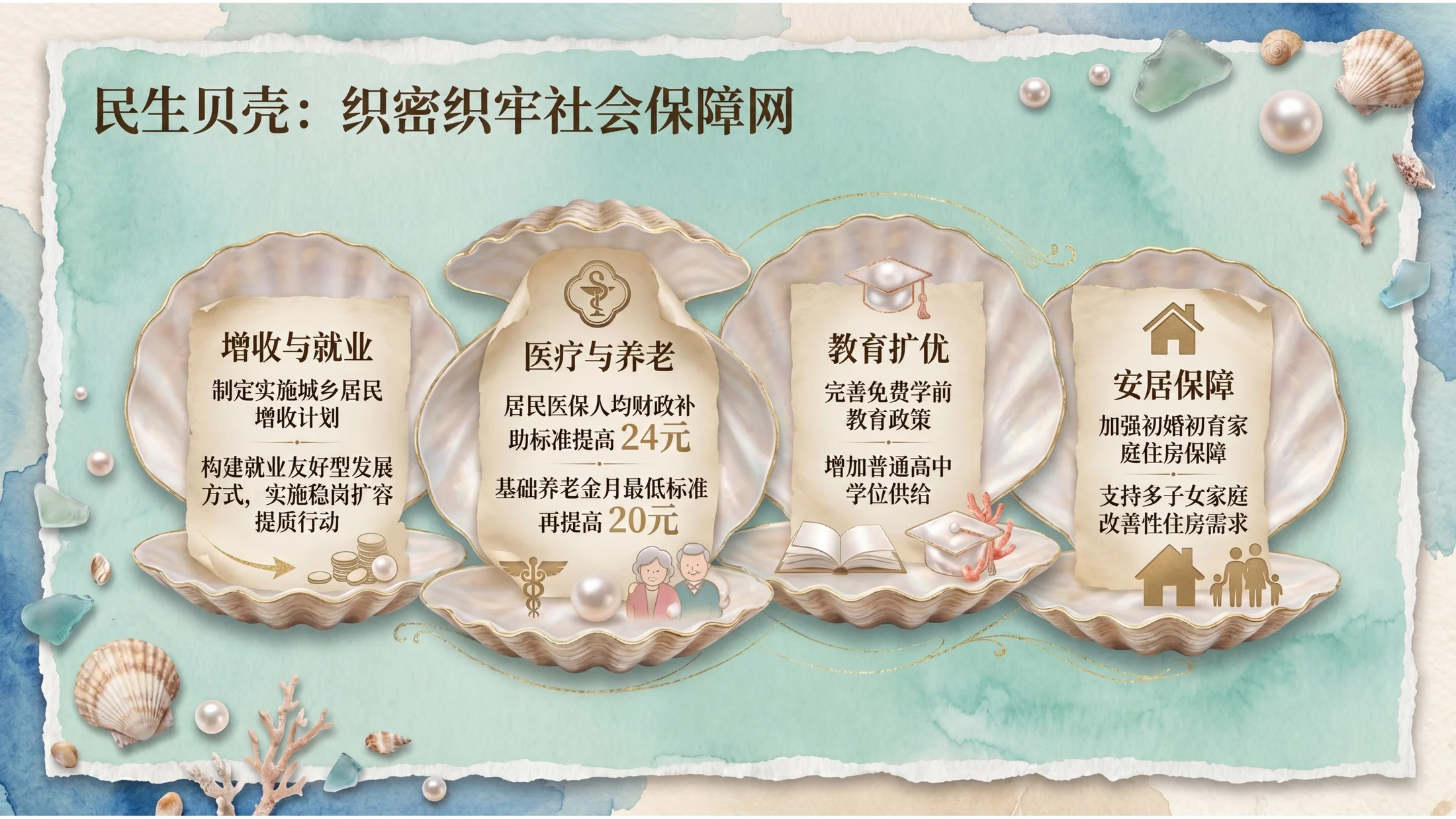 漂亮海洋贝壳拼贴风格政府工作报告PPT - 预览图9