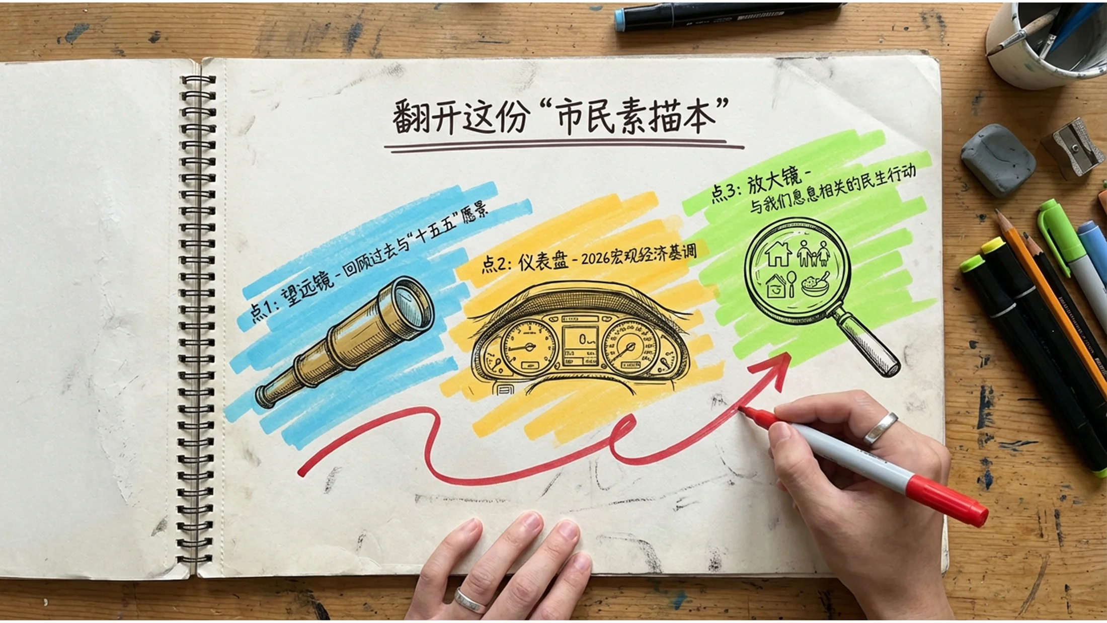 手绘速写手账涂鸦风政府工作报告PPT - 预览图1