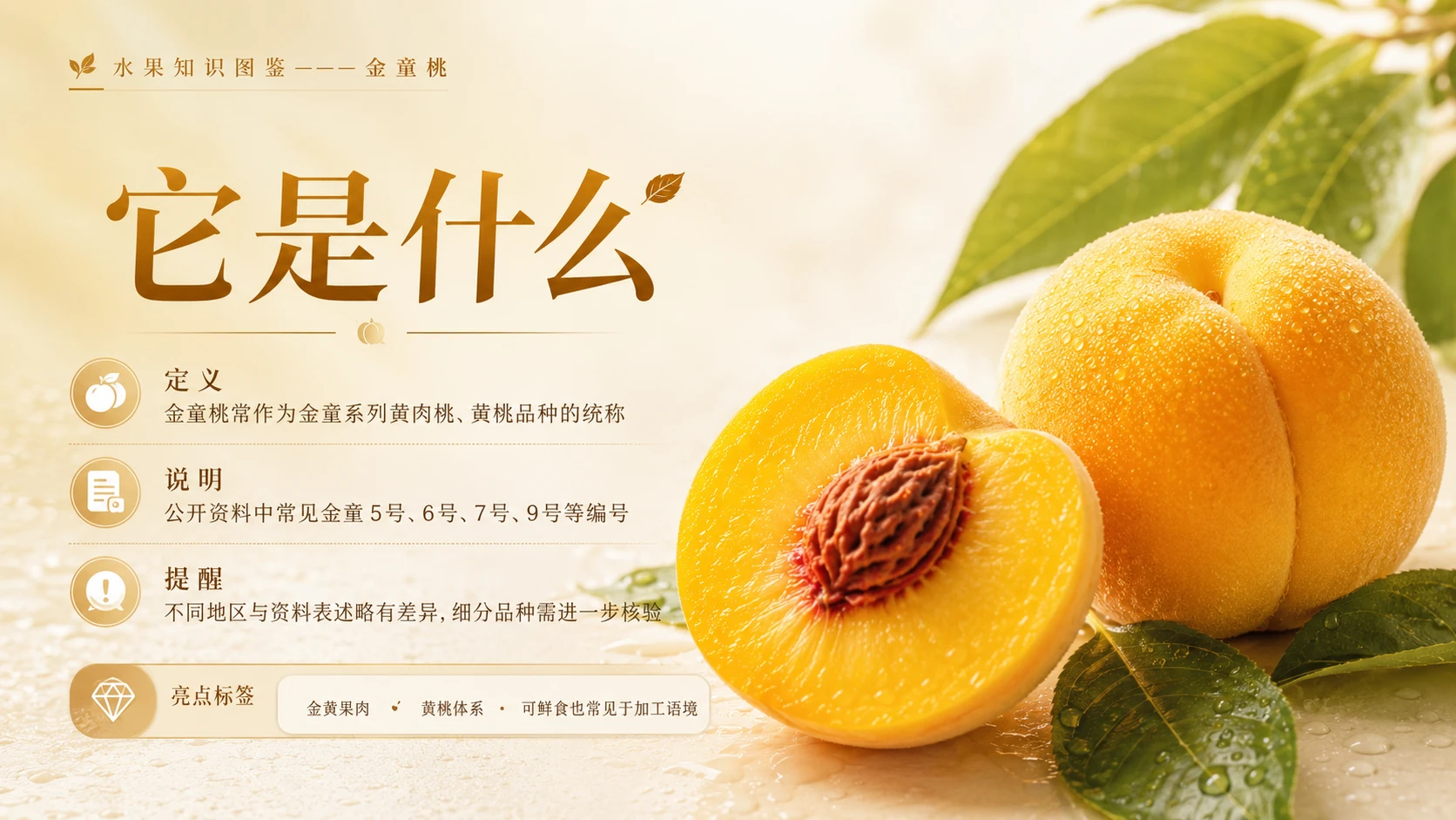 万物知识图鉴系列作品PPT——金童桃【4K】 - 预览图1