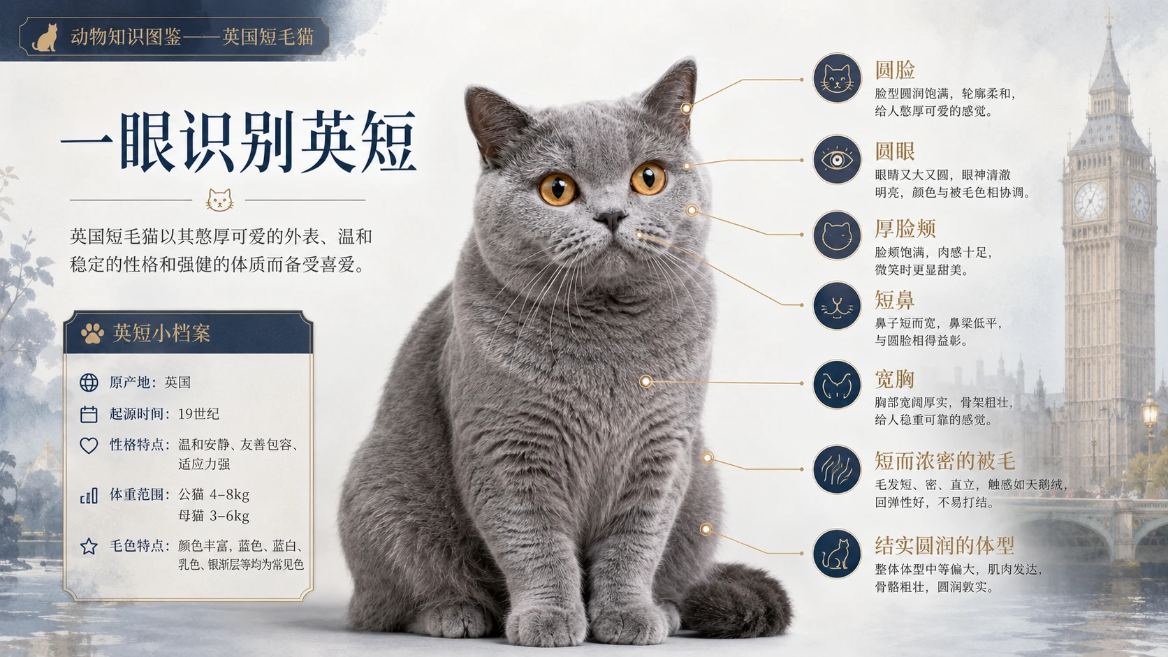 万物知识图鉴系列作品PPT——英国短毛猫 - 预览图1