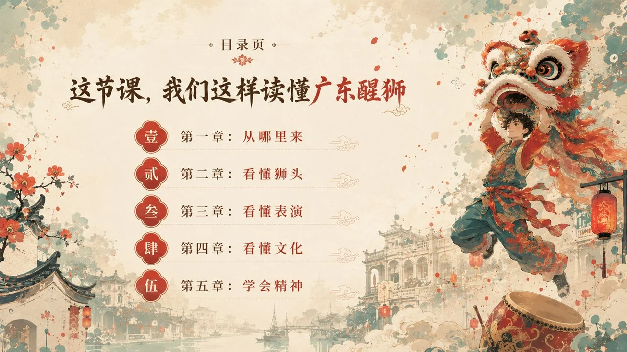 醒狮醒少年：读懂广东醒狮非遗文化PPT/舞狮/南狮/狮舞 - 预览图1