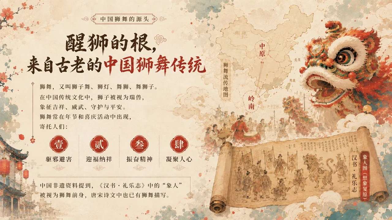 醒狮醒少年：读懂广东醒狮非遗文化PPT/舞狮/南狮/狮舞 - 预览图4