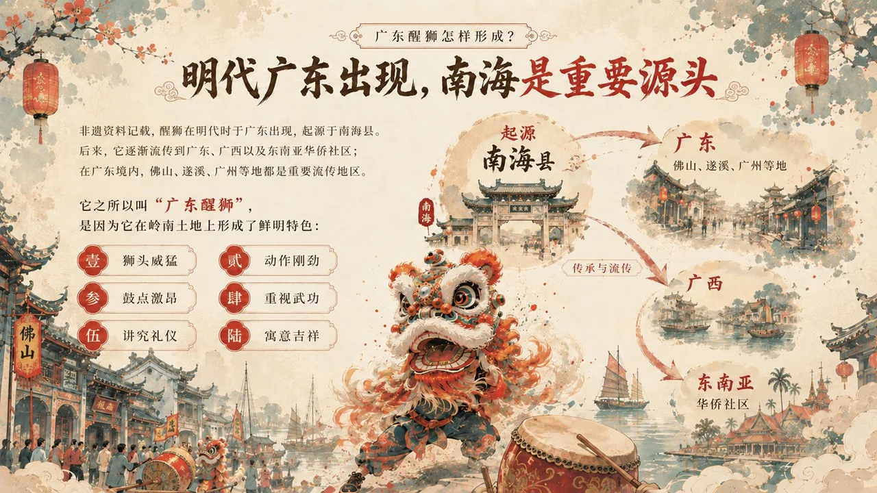 醒狮醒少年：读懂广东醒狮非遗文化PPT/舞狮/南狮/狮舞 - 预览图6